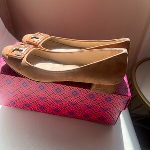 Tory Burch Tan Suede Flats with Gold Emblem